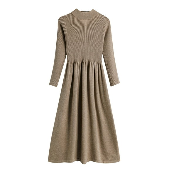Guluxicc Fall Dresses for Women Casual Crew Neck Long Sleeve Dresses Knitting Cotton Tunic Dress, Brown, Free Size