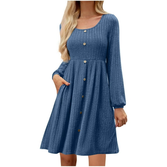 Guluxicc Fall Dresses for Women Crew Neck Long Sleeve Dresses Knitting Flowy A-Line Dress with Pockets, Blue, S