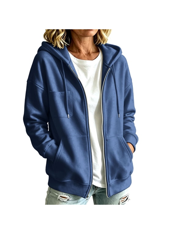 Fleece Hooded Jackets for Women Drawstring Full Zipper Long Sleeve Solid Athletic Jackets with Pockets for Workout Fall Winter Casual