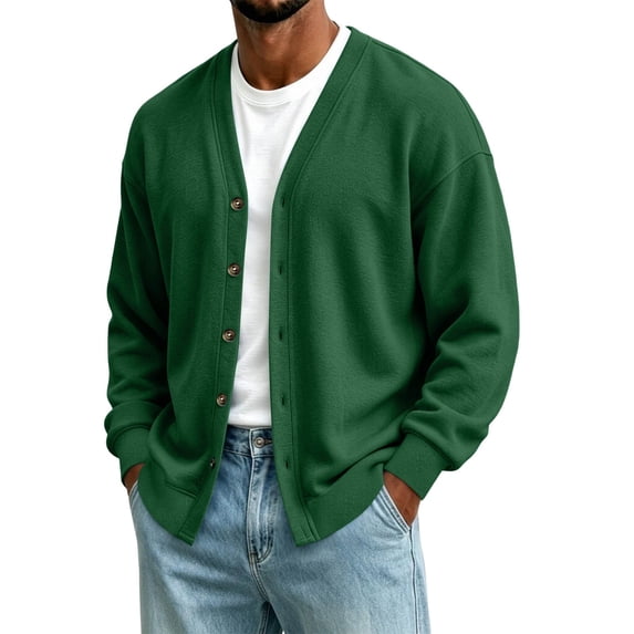 Guluxicc Fleece Jackets for Men Loose V Neck Button Down Long Sleeve Solid Knit Jackets with Pockets for Lounge Everyday Fall Winter