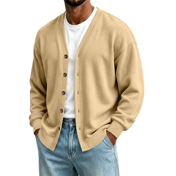 Guluxicc Fleece Jackets for Men Loose V Neck Button Down Long Sleeve Solid Knit Jackets with Pockets for Lounge Everyday Fall Winter
