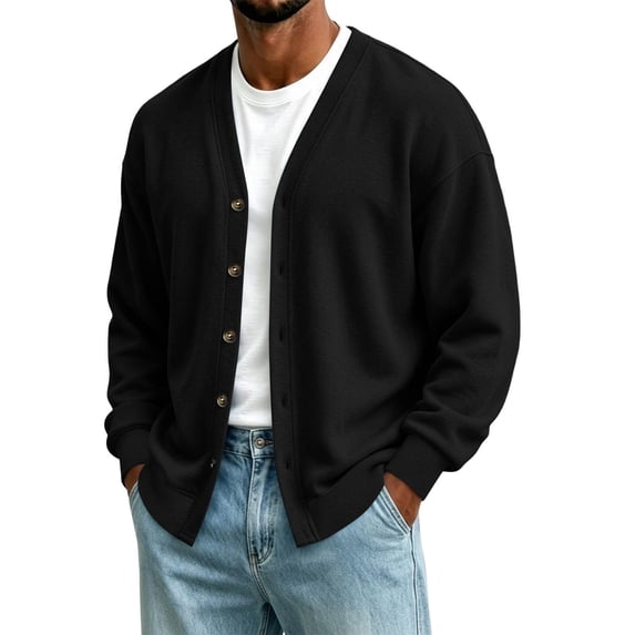 Guluxicc Fleece Jackets for Men Loose V Neck Button Down Long Sleeve Solid Knit Jackets with Pockets for Lounge Everyday Fall Winter