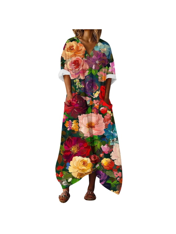 Floral Kaftan Maxi Dress for Women V Neck Roll Tab Sleeve Pockets Loose Beach Cover Up Dress