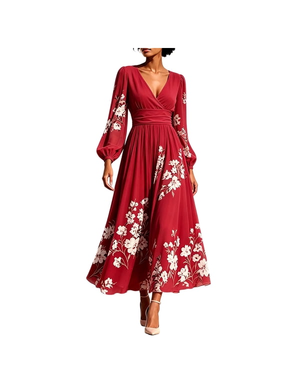 Floral Midi Dress for Women Wrap V Neck Long Balloon Sleeve High Waist A Line Wedding Guest Dress