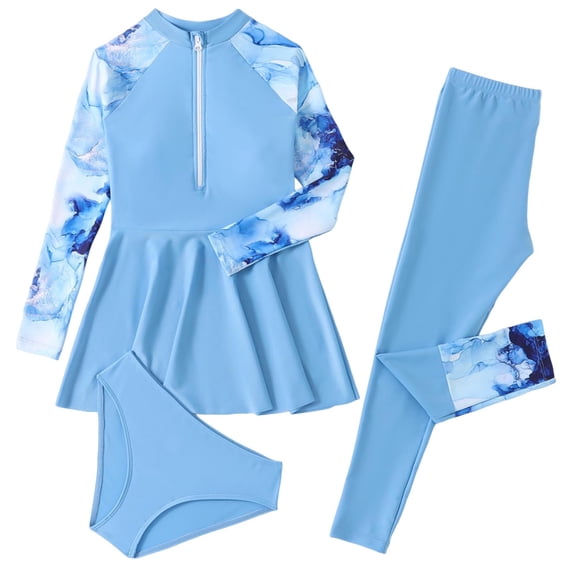 Guluxicc Girls 3 Pieces Long Sleeve Rash Guard Sets Kids Half Zip Ruffle Hem Bathing Suit with Underwear
