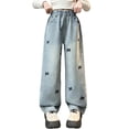 thumbnail image 1 of Guluxicc Girls Baggy Jeans Kids Denim Pants with Bow Tie Embroidered Straight Wide Leg Streetwear Girl Trendy Elastic Waist Pants 4-14 Years, 1 of 9