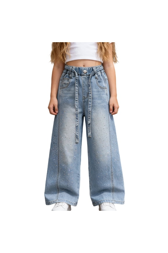 Girls Baggy Jeans with Elastic Waist Drawstring Wide Leg Denim Pants for Kids Girls Y2k Streetwear Trendy Pants