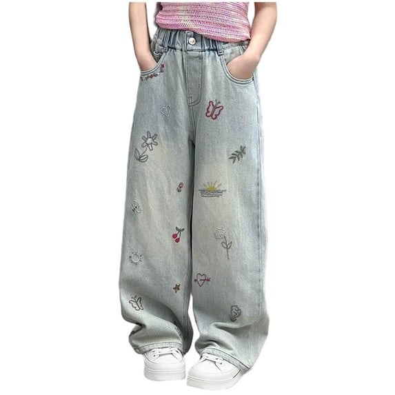 Guluxicc Girls Jeans Wide Leg Baggy Loose Denim Pants Y2K Elastic Waist Kids Denim Streetwear for 7-14 Years