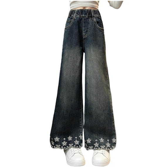 Guluxicc Girls Jeans Wide Leg Baggy Loose Denim Pants Y2K Elastic Waist Kids Denim Streetwear for 7-14 Years