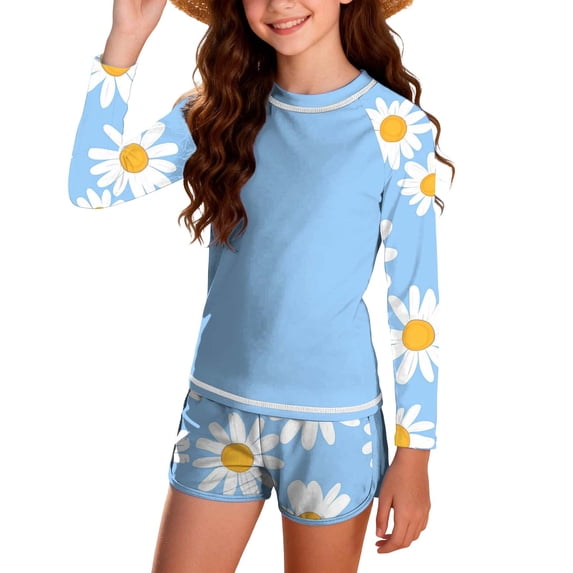 Guluxicc Girls Rash Guard Swimsuit 2 Pieces Long Sleeve Tropical Color Block Crewneck Tops with Shorts Summer Sun Protection Bathing Suit