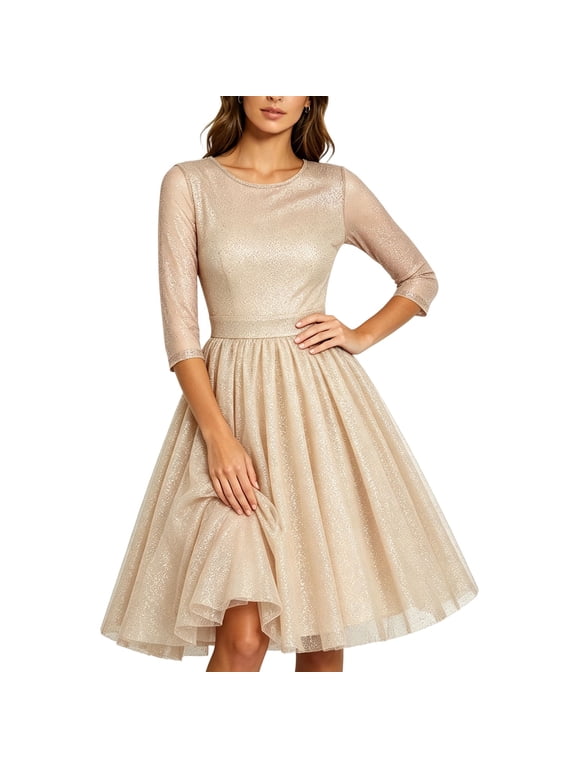 Glitter Midi Dress for Women Round Neck 3/4 Sheer Sleeve A Line Tulle Cocktail Party Dress