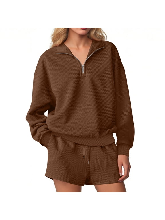 2 Piece Outfit Sets for Women Long Half Zip Sleeve Tops with Elastic Waist Shorts Fashion Casual Clothes for Spring and Fall Daily Wear