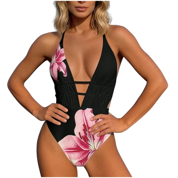 Guluxicc Halter Neck One Piece Swimsuit for Women Deep V Neck Plunge Floral Print Chest Cut Out Push-Up Padded Bathing Suit Beach Vacation Swimwear