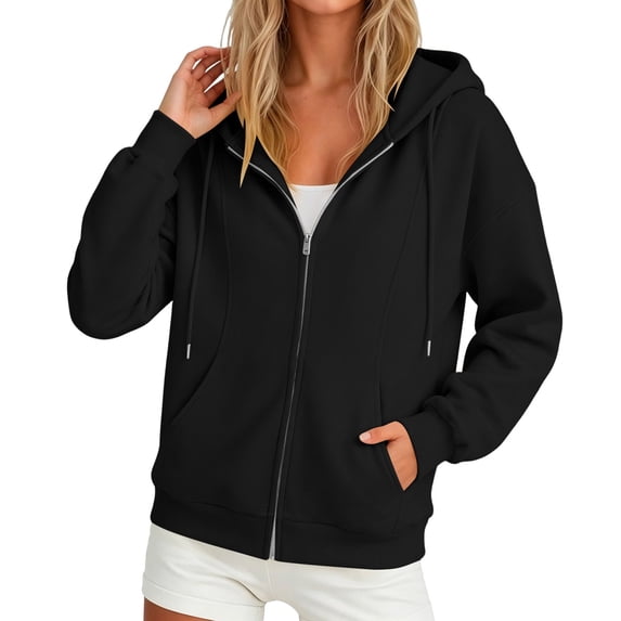 Guluxicc Hooded Sweatshirts for Women Full Zipper Drawstring Ribbed Long Sleeve Solid Hoodies for Everyday Fall Winter