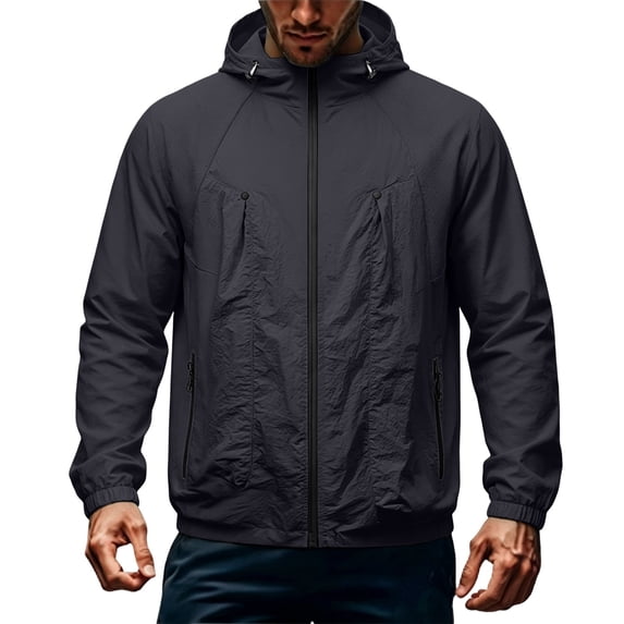 Guluxicc Hooded Windbreaker Jackets for Men with Pockets Drawstring Full Zipper Long Sleeve Solid Hooded Jackets for Outdoor Hiking Fall Winter
