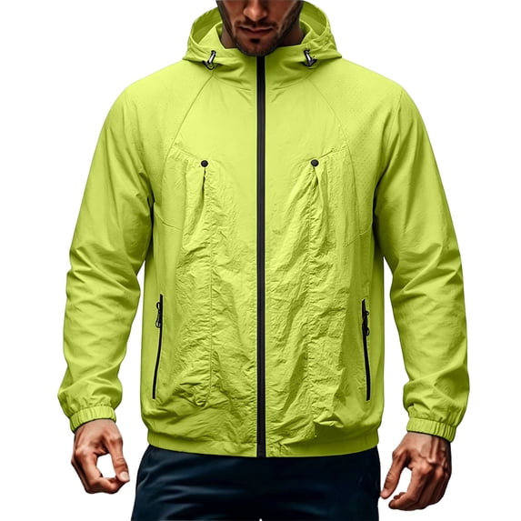 Guluxicc Hooded Windbreaker Jackets for Men with Pockets Drawstring Full Zipper Long Sleeve Solid Hooded Jackets for Outdoor Hiking Fall Winter