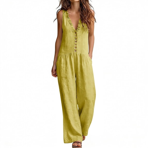 Guluxicc Jumpsuits for Women Sleeveless Wide Leg V Neck Ruffled Linen Romper One Piece Overall Comfy Beach Vacation Clothes