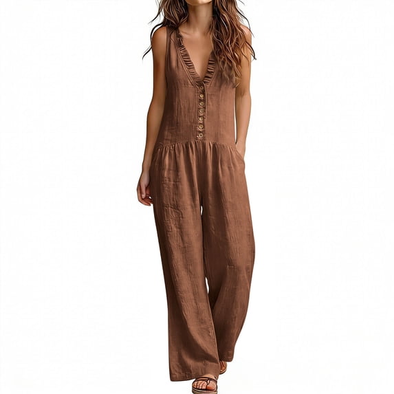 Guluxicc Jumpsuits for Women Sleeveless Wide Leg V Neck Ruffled Linen Romper One Piece Overall Comfy Beach Vacation Clothes