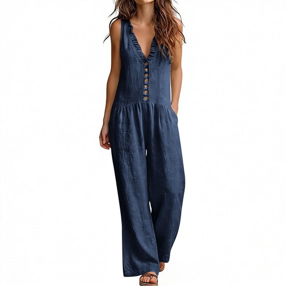 Guluxicc Jumpsuits for Women Sleeveless Wide Leg V Neck Ruffled Linen Romper One Piece Overall Comfy Beach Vacation Clothes
