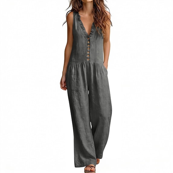 Guluxicc Jumpsuits for Women Sleeveless Wide Leg V Neck Ruffled Linen Romper One Piece Overall Comfy Beach Vacation Clothes