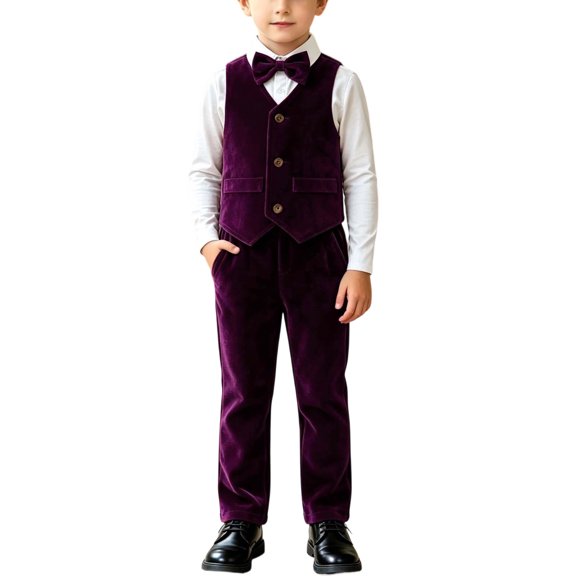 Guluxicc Kids Boys 4 Piece Sets Velvet Suit Set Vest Dress Shirt Pants and Bow Tie Kids Formal Performance Outfit 0-10 Years