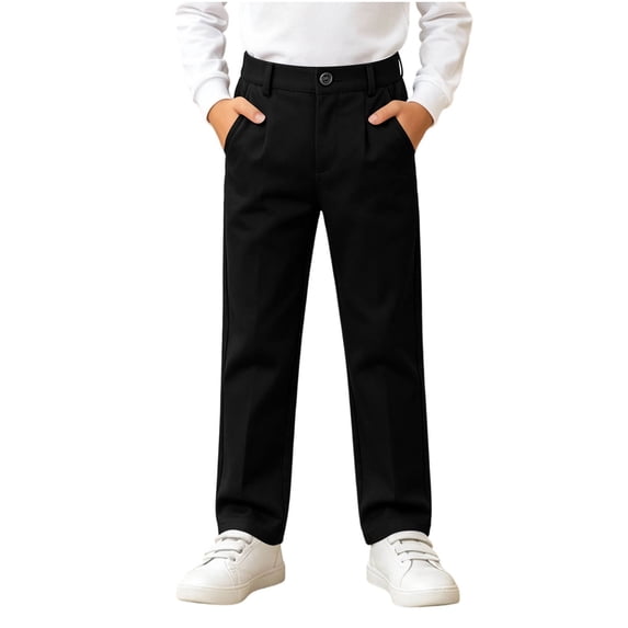 Guluxicc Kids Boys Uniform Pants Button Waist Straight Leg Dress Pants Casual Solid Color Stretchy Trousers for 4-16 Years