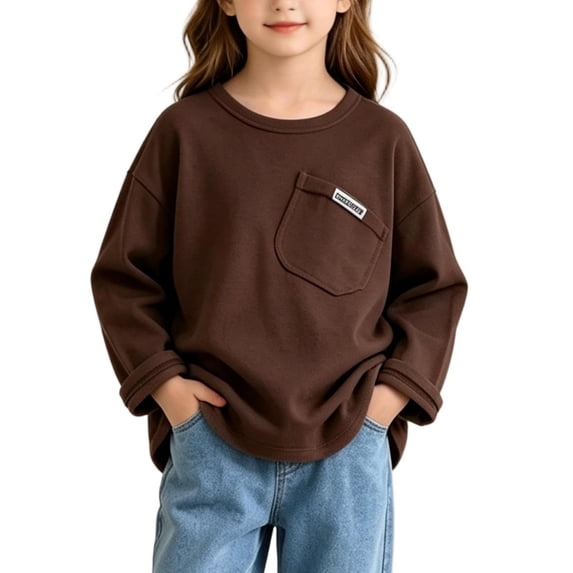 Guluxicc Kids Toddler Girls Crew Neck Long Sleeve T-Shirts Curved Oversized Loose Fit Tees Trendy Chest Pocket Tops 0-12 Years