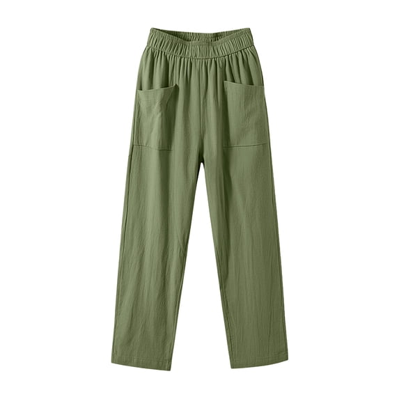 Guluxicc Linen Casual Pants for Womens Elastic Drawstring Waist Straight Trousers Beach Bottoms with Patch Pockets