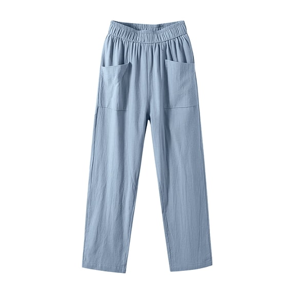 Guluxicc Linen Casual Pants for Womens Elastic Drawstring Waist Straight Trousers Beach Bottoms with Patch Pockets