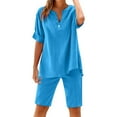 thumbnail image 1 of Guluxicc Linen 2 Piece Sets for Women Short Sleeve Button Down V Neck Shirt and Knee Length Shorts Solid Color Casual Outfits for Summer, 1 of 9
