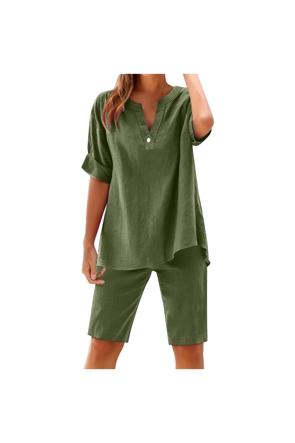 Linen 2 Piece Sets for Women Short Sleeve Button Down V Neck Shirt and Knee Length Shorts Solid Color Casual Outfits for Summer
