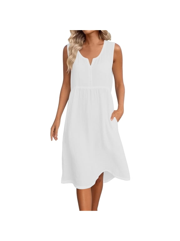 Linen Dress for Women Sleeveless Beach Vacation Flowy Gauze Lightweight Midi Dresses Casual Trendy Cruise Outfits