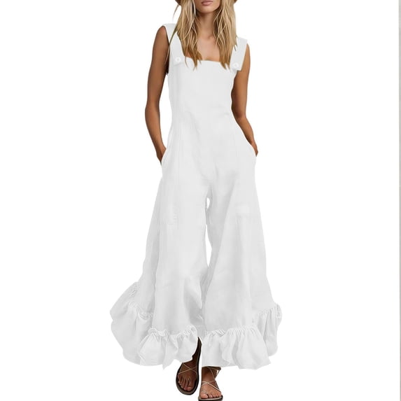 Guluxicc Linen Jumpsuits For Women 2026 Summer Dressy Square Neck Ruffle Hem Rompers Lightwieght Flowy Boho Gauze Pant Overalls