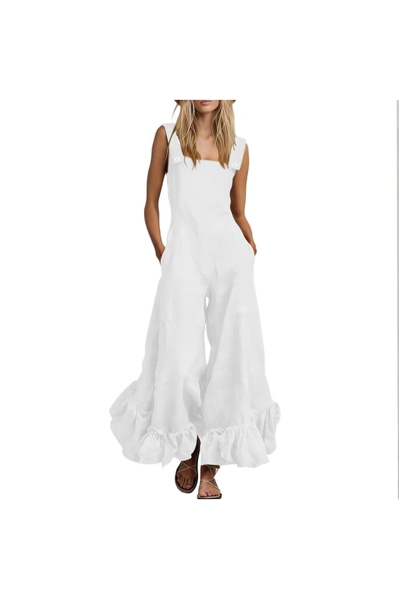 Linen Jumpsuits For Women 2026 Summer Dressy Square Neck Ruffle Hem Rompers Lightwieght Flowy Boho Gauze Pant Overalls