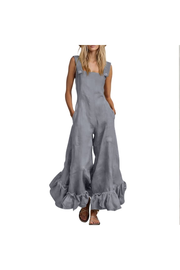 Linen Jumpsuits For Women 2026 Summer Dressy Square Neck Ruffle Hem Rompers Lightwieght Flowy Boho Gauze Pant Overalls