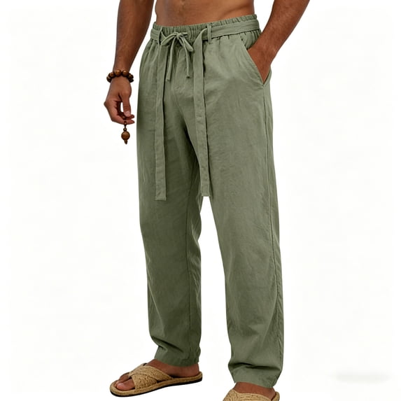 Guluxicc Linen Pants for Men Elastic Waist Drawstring Solid Trousers with Pockets Trendy Summer Casual Beach Pants