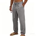 thumbnail image 1 of Guluxicc Linen Pants for Men Elastic Waist Drawstring Solid Trousers with Pockets Trendy Summer Casual Beach Pants, 1 of 7