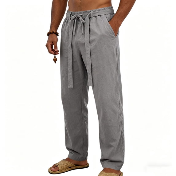 Guluxicc Linen Pants for Men Elastic Waist Drawstring Solid Trousers with Pockets Trendy Summer Casual Beach Pants