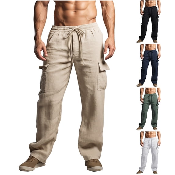 Guluxicc Linen Pants for Men Elastic Waist Drawstring Trousers with Multi Pockets Timeless Style Hiking Pants