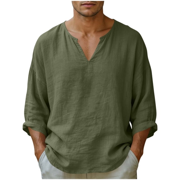 Guluxicc Linen Shirts for Men V Neck Long Sleeve Vacation Outfit Classic Fit Summer Casual Baach Shirts