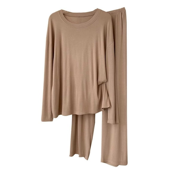 Guluxicc Lounge Sets for Women 2 Piece Long Sleeve Comfy Tops and Solid Color Pants Pjs Set Pullover Pajamas Sleepwwear Outfits, Brown, M