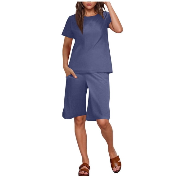 Guluxicc Lounge 2 Piece Sets for Women Crew Neck Linen Breathable T-Shirt with Knee Length Bermuda Shorts Solid Basic Comfy Casual Outfits with Pockets