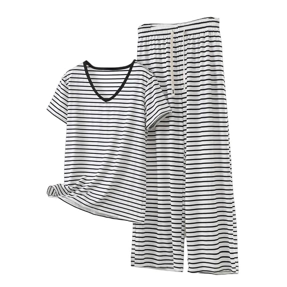 Guluxicc 2 Piece Outfit Sets for Women Striped V Neck T Shirts and Pants Casual Pajama Lounge Sets