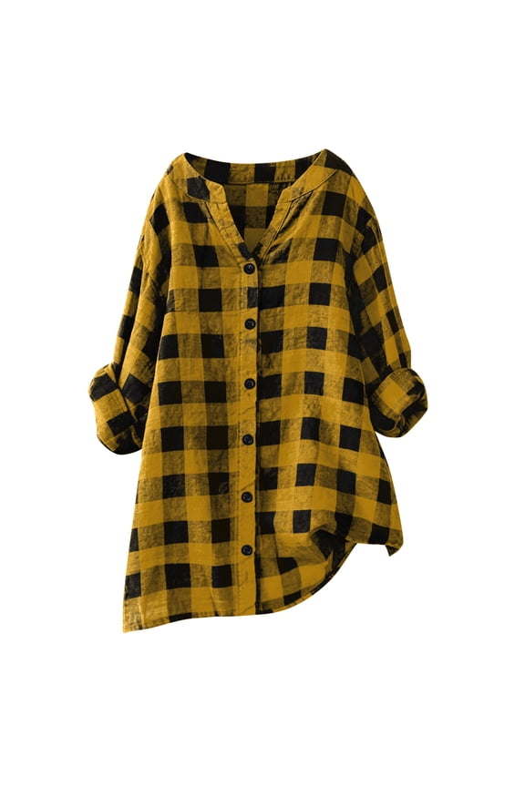 Maternity Clothes Long Sleeve Button Down Plaid Long Tops Pregnancy Lightweight Cardigan Shirt, Yellow, 4XL