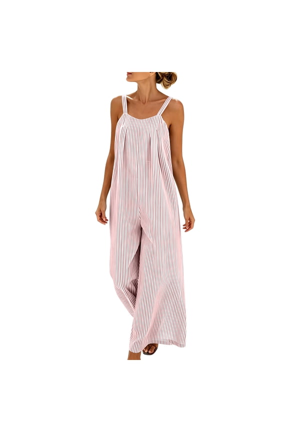 Maxi Jumpsuit for Women Striped Sleeveless Smocked Cutout Back Wide Leg Summer Casual Overall Romper