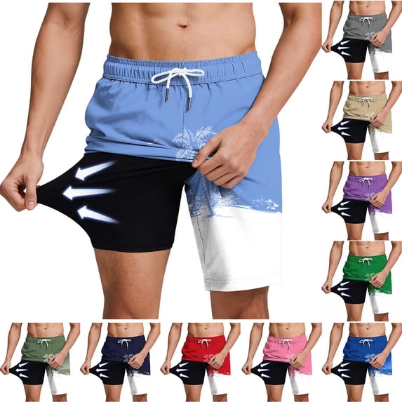 Guluxicc Men's Beach Shorts Double Layer Drawstring Elastic Waist Shorts Summer Vacation Shorts