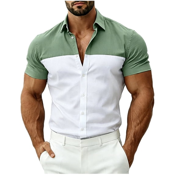 Guluxicc Men's Business Casual Shirts Button Down Color Block Short Sleeve Shirts for Everyday Wear Summer Casual Outfits