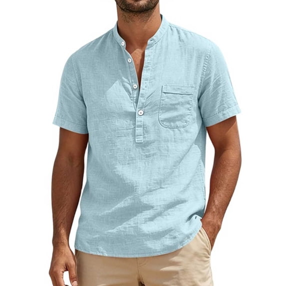 Guluxicc Men's Cotton V-Neck Shirts with Pocket Button Short Sleeve Shirts for Everyday Wear Summer Casual Outfits