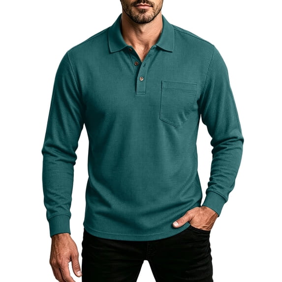 Guluxicc Men's Henley Shirts with Pocket Button Closure Collared Ribbed Long Sleeve Golf Tops for Business Casual Fall Winter