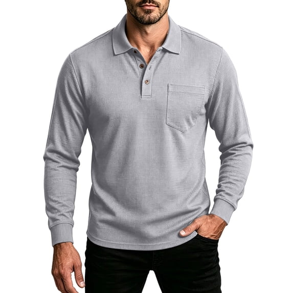 Guluxicc Men's Henley Shirts with Pocket Button Closure Collared Ribbed Long Sleeve Golf Tops for Business Casual Fall Winter